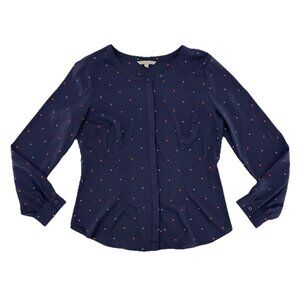 41‎ Hawthorne Navy Blue Geometric Button Chiffon Blouse Sz L Career Office